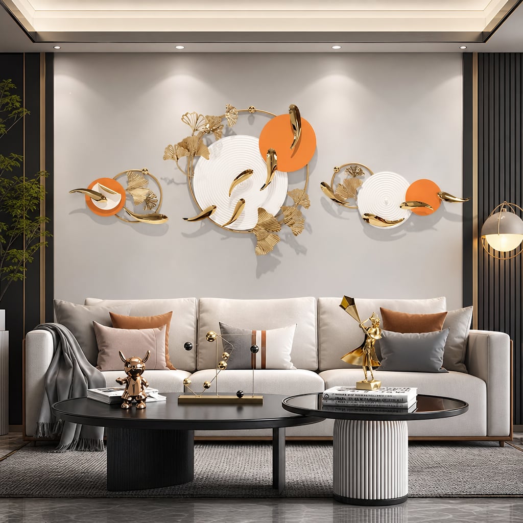 Metall Wanddekoration LuxCanva® Sonne Aura A2556, aus Metall, horizontal, weiß, gold und orange, Großformat 200 x 65 cm