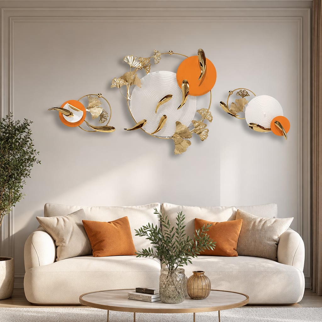 Metall Wanddekoration LuxCanva® Sonne Aura A2556, aus Metall, horizontal, weiß, gold und orange, Großformat 200 x 65 cm