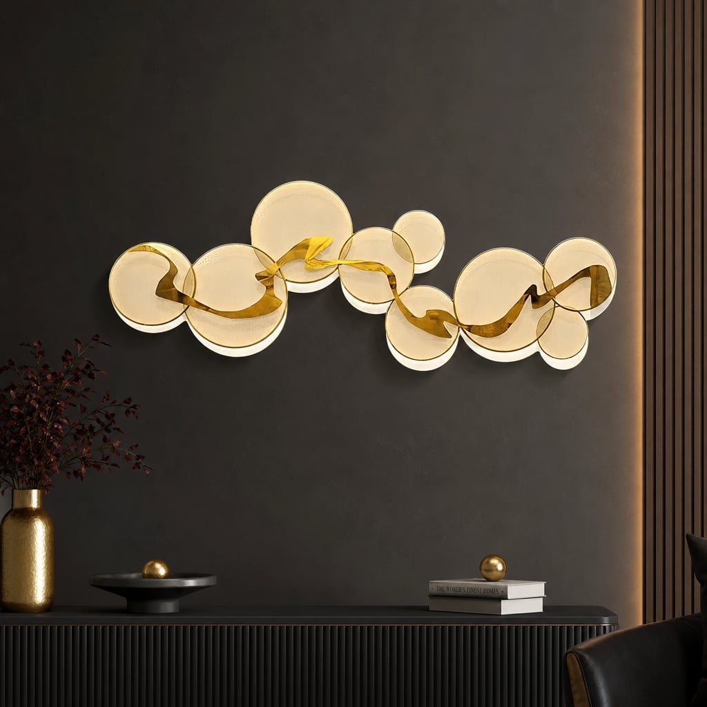 Decoratiune Metalica de Perete LuxCanva® Golden Flow A2525, din Metal, Orizontala, Auriu, Dimensiune Mare 180 x 68 cm