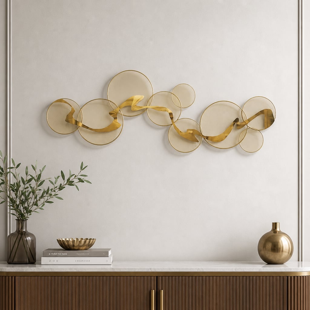 Decoratiune Metalica de Perete LuxCanva® Golden Flow A2525, din Metal, Orizontala, Auriu, Dimensiune Mare 180 x 68 cm