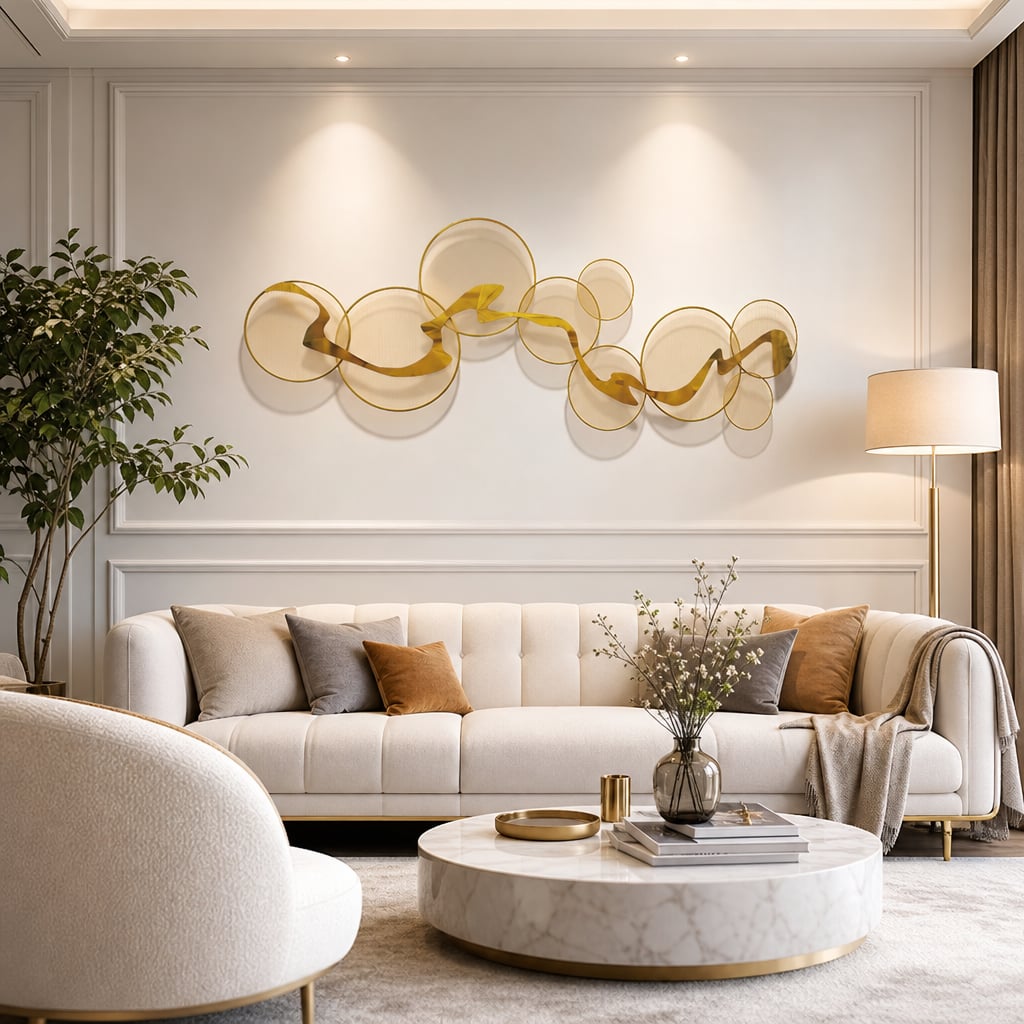Decoratiune Metalica de Perete LuxCanva® Golden Flow A2525, din Metal, Orizontala, Auriu, Dimensiune Mare 180 x 68 cm
