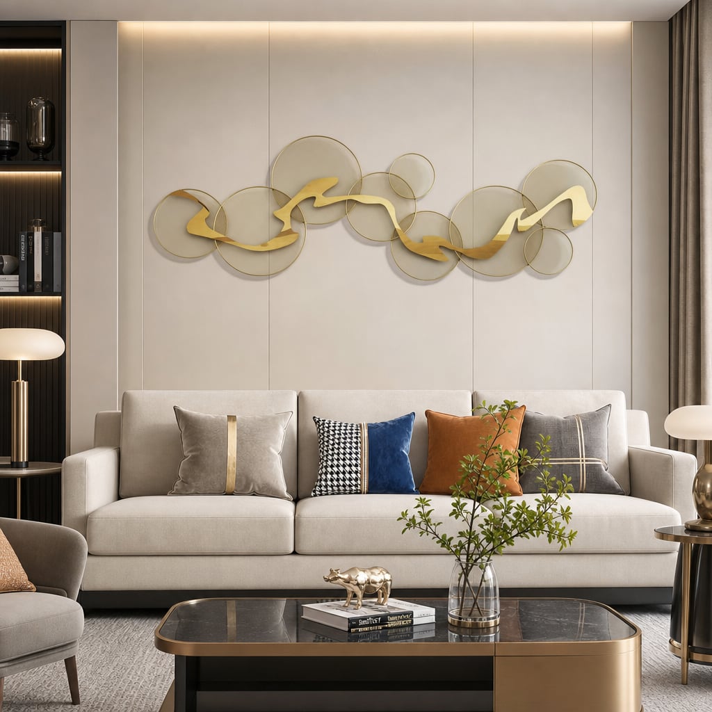 Decoratiune Metalica de Perete LuxCanva® Golden Flow A2525, din Metal, Orizontala, Auriu, Dimensiune Mare 180 x 68 cm
