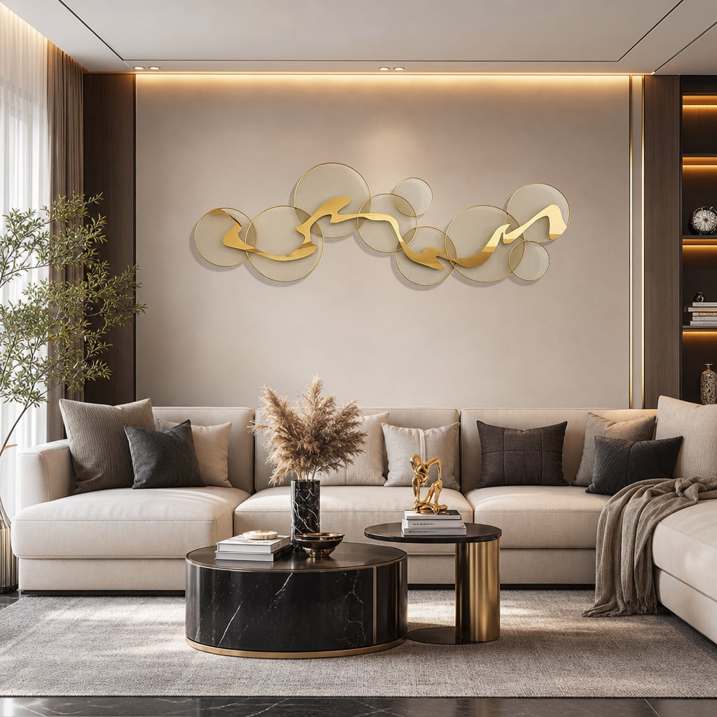 Decoratiune Metalica de Perete LuxCanva® Golden Flow A2525, din Metal, Orizontala, Auriu, Dimensiune Mare 180 x 68 cm