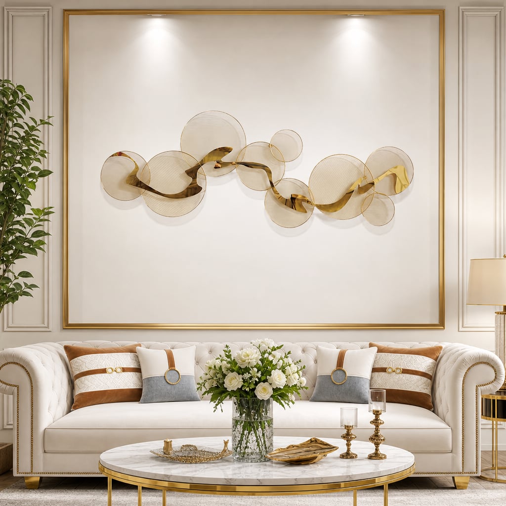 Decoratiune Metalica de Perete LuxCanva® Golden Flow A2525, din Metal, Orizontala, Auriu, Dimensiune Mare 180 x 68 cm