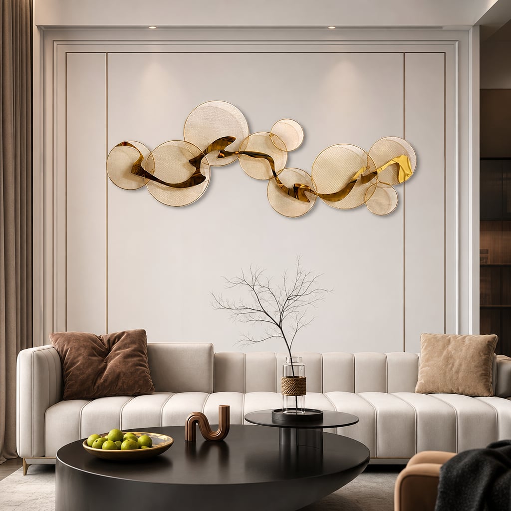 Decoratiune Metalica de Perete LuxCanva® Golden Flow A2525, din Metal, Orizontala, Auriu, Dimensiune Mare 180 x 68 cm