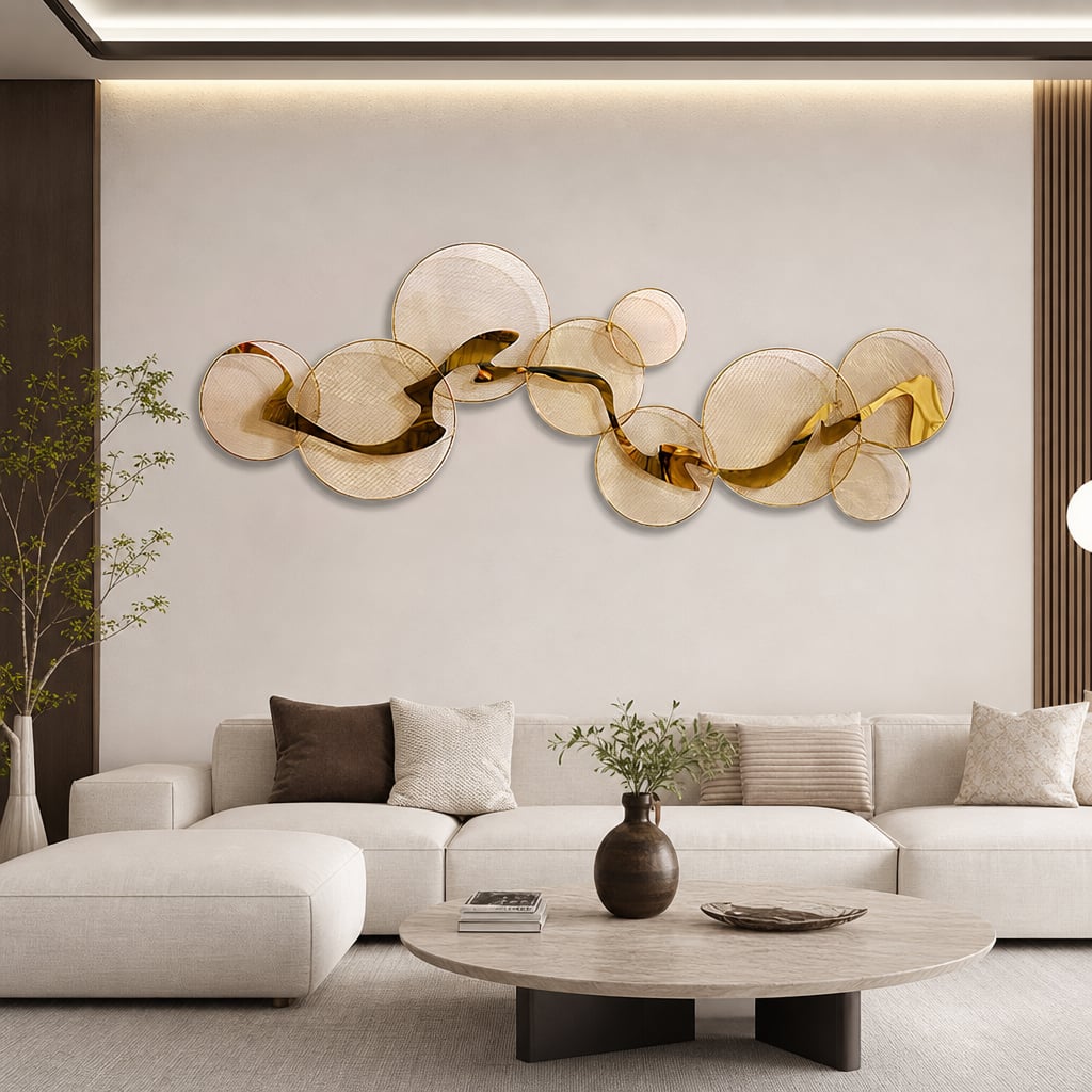 Decoratiune Metalica de Perete LuxCanva® Golden Flow A2525, din Metal, Orizontala, Auriu, Dimensiune Mare 180 x 68 cm