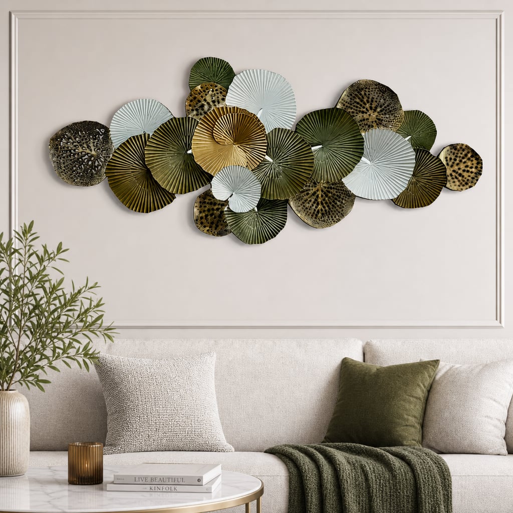 Decoratiune Metalica de Perete LuxCanva® Green Serenity A2508, din Metal, Orizontala, Verde Salvie, Auriu, Dimensiune Mare 165 x 77 cm