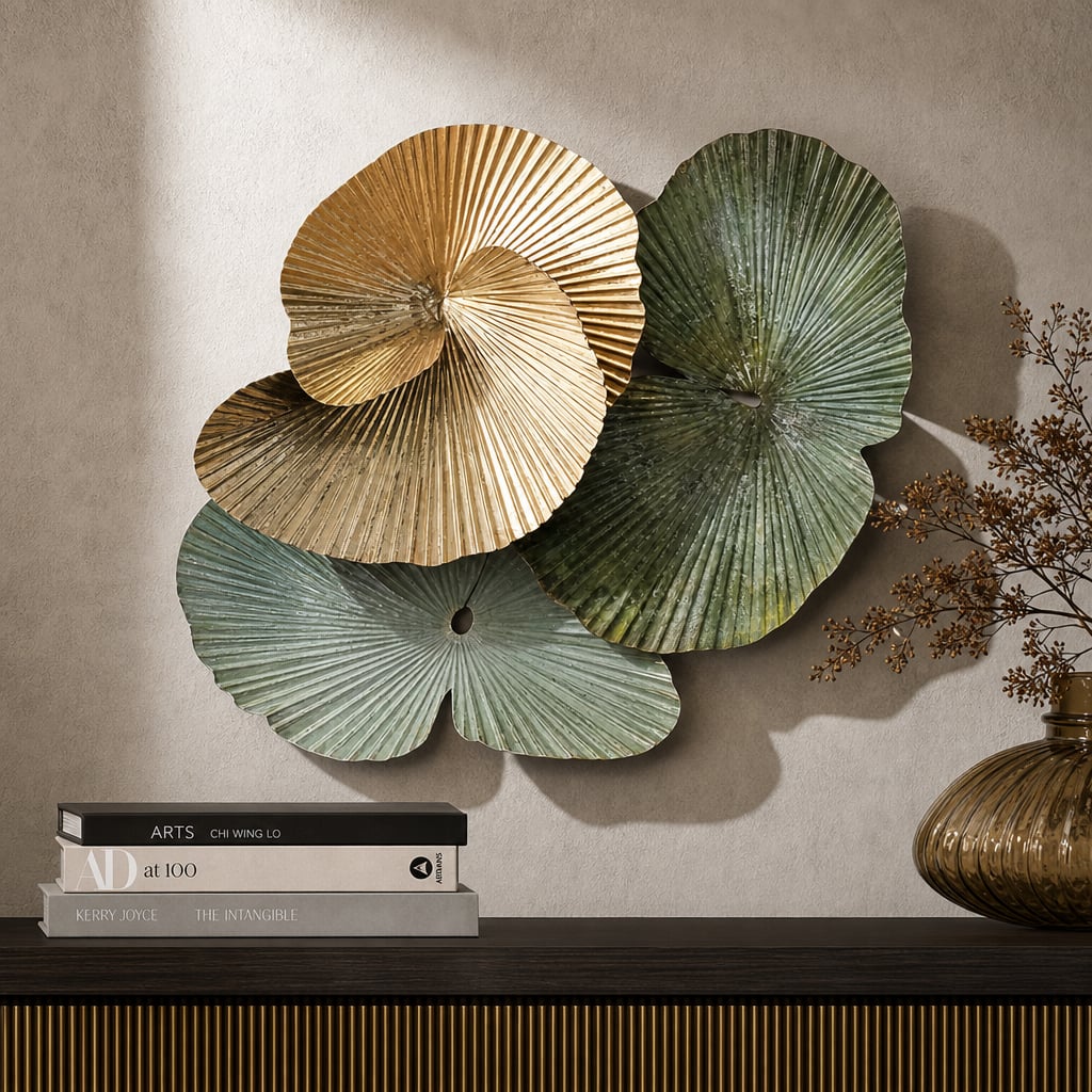 Decoratiune Metalica de Perete LuxCanva® Green Serenity A2508, din Metal, Orizontala, Verde Salvie, Auriu, Dimensiune Mare 165 x 77 cm