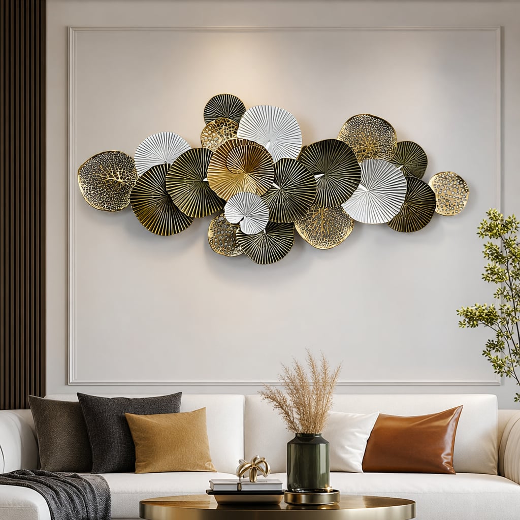 Decoratiune Metalica de Perete LuxCanva® Green Serenity A2508, din Metal, Orizontala, Verde Salvie, Auriu, Dimensiune Mare 165 x 77 cm