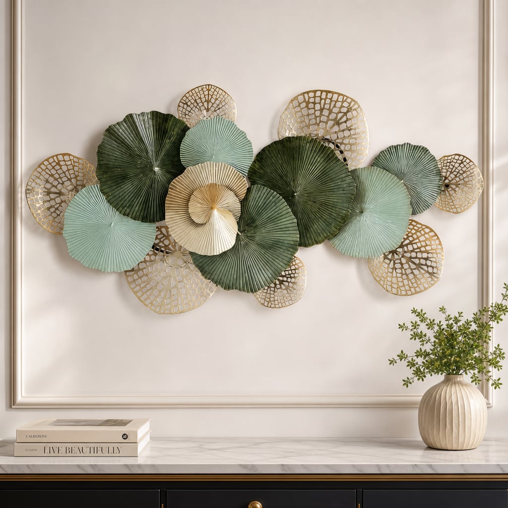 Decoratiune Metalica de Perete LuxCanva® Green Serenity A2508, din Metal, Orizontala, Verde Salvie, Auriu, Dimensiune Mare 165 x 77 cm
