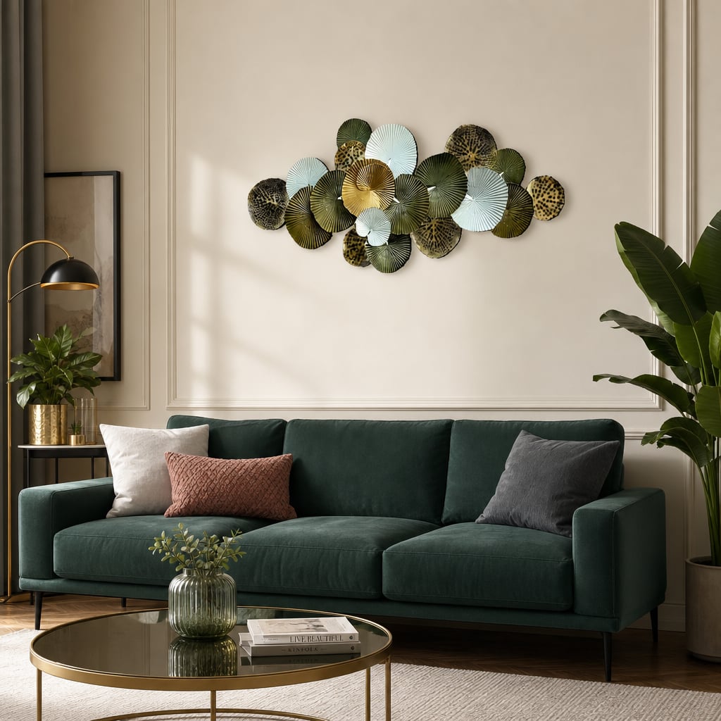 Decoratiune Metalica de Perete LuxCanva® Green Serenity A2508, din Metal, Orizontala, Verde Salvie, Auriu, Dimensiune Mare 165 x 77 cm