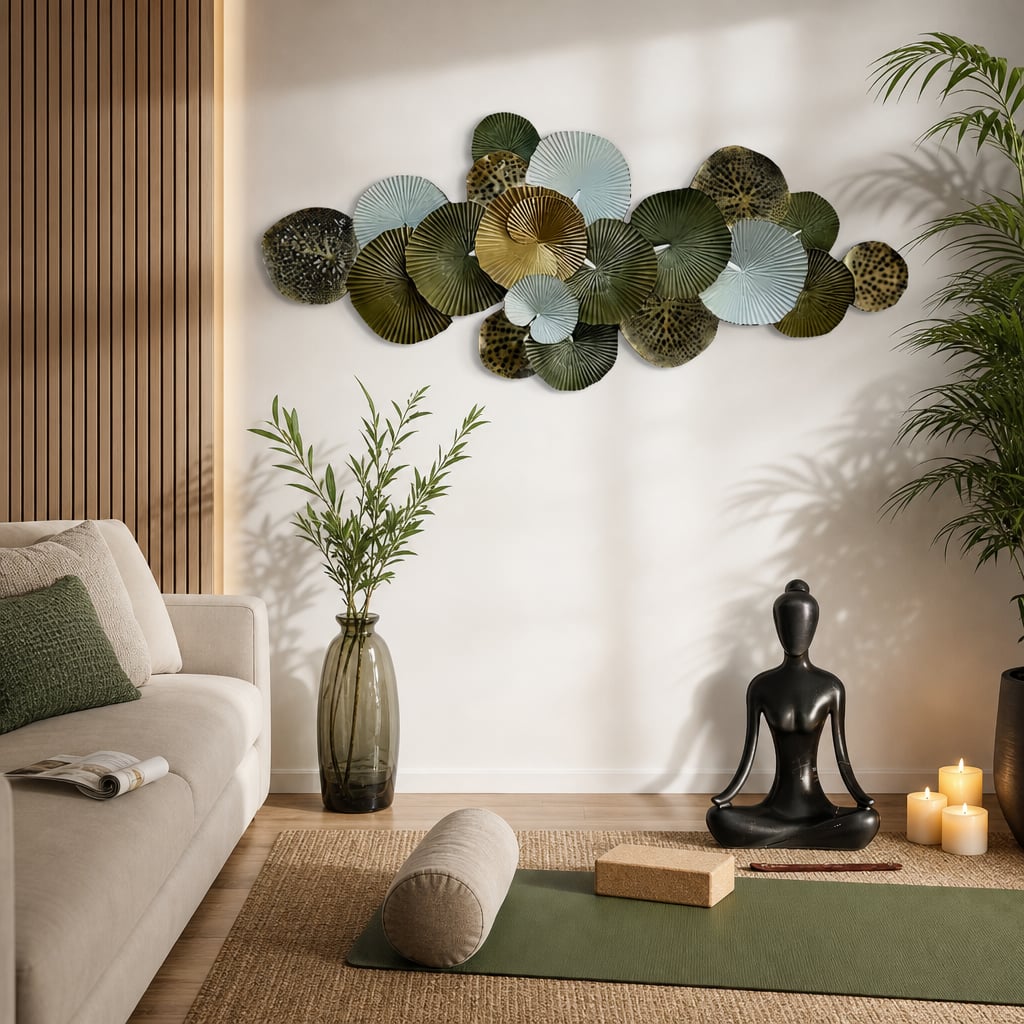 Decoratiune Metalica de Perete LuxCanva® Green Serenity A2508, din Metal, Orizontala, Verde Salvie, Auriu, Dimensiune Mare 165 x 77 cm
