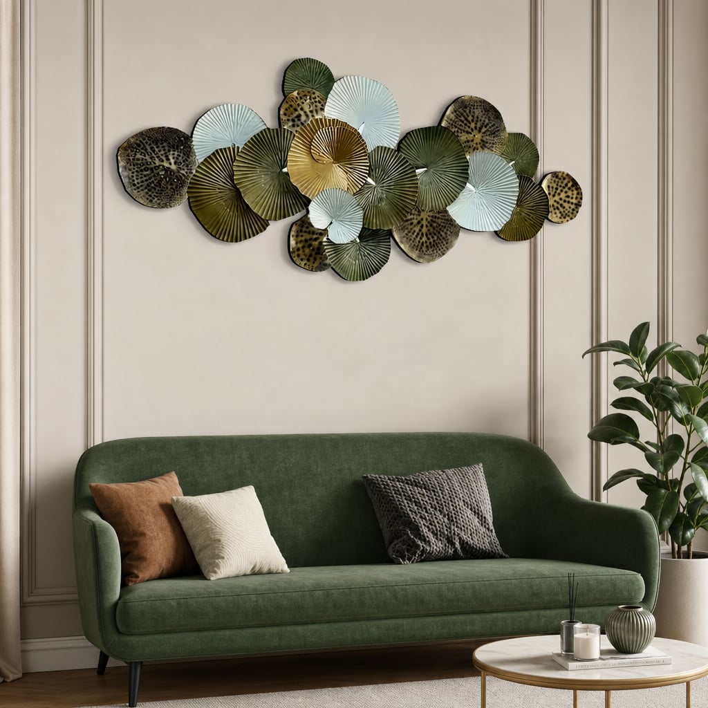Decoratiune Metalica de Perete LuxCanva® Green Serenity A2508, din Metal, Orizontala, Verde Salvie, Auriu, Dimensiune Mare 165 x 77 cm