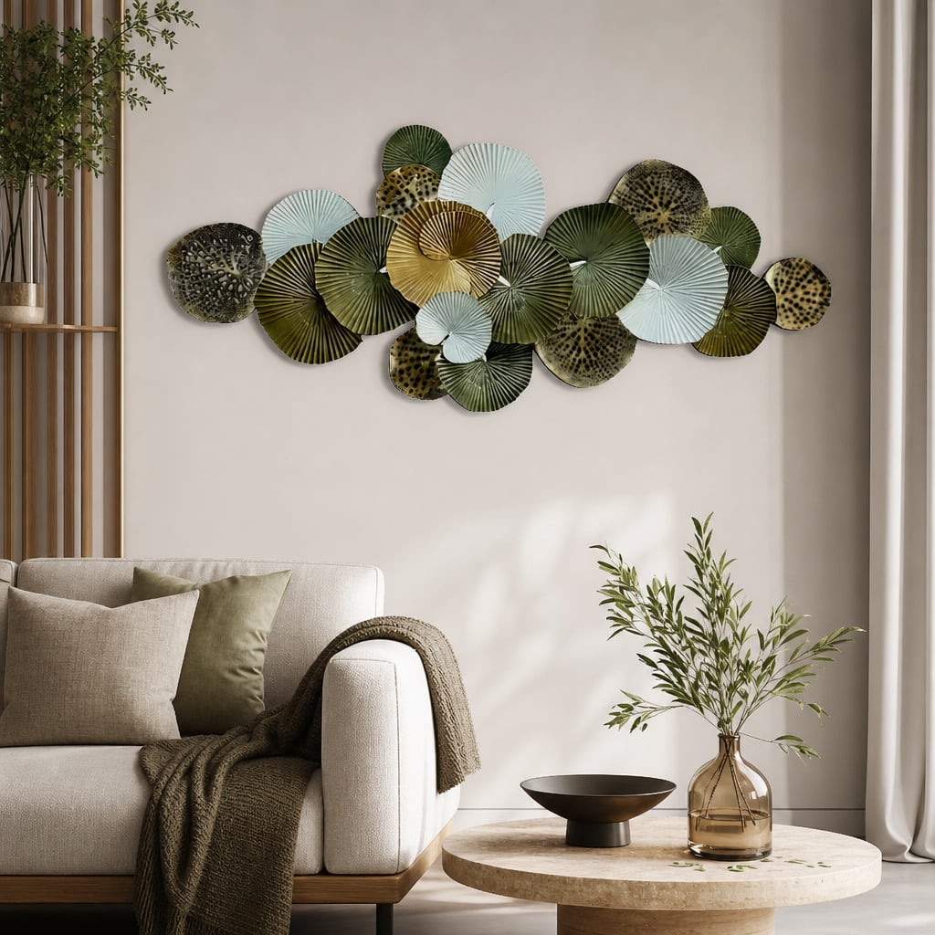 Decoratiune Metalica de Perete LuxCanva® Green Serenity A2508, din Metal, Orizontala, Verde Salvie, Auriu, Dimensiune Mare 165 x 77 cm