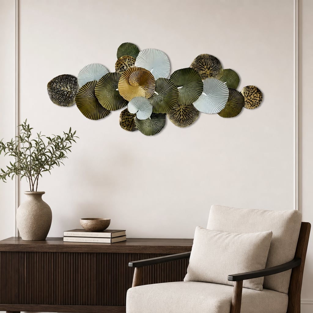 Decoratiune Metalica de Perete LuxCanva® Green Serenity A2508, din Metal, Orizontala, Verde Salvie, Auriu, Dimensiune Mare 165 x 77 cm
