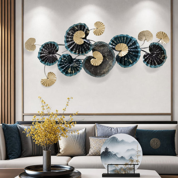 Metall Wanddekoration LuxCanva® Meeresblumen A2412, aus Metall, Blau, Horizontal, Gold, Silber, Groß 140 x 60 cm