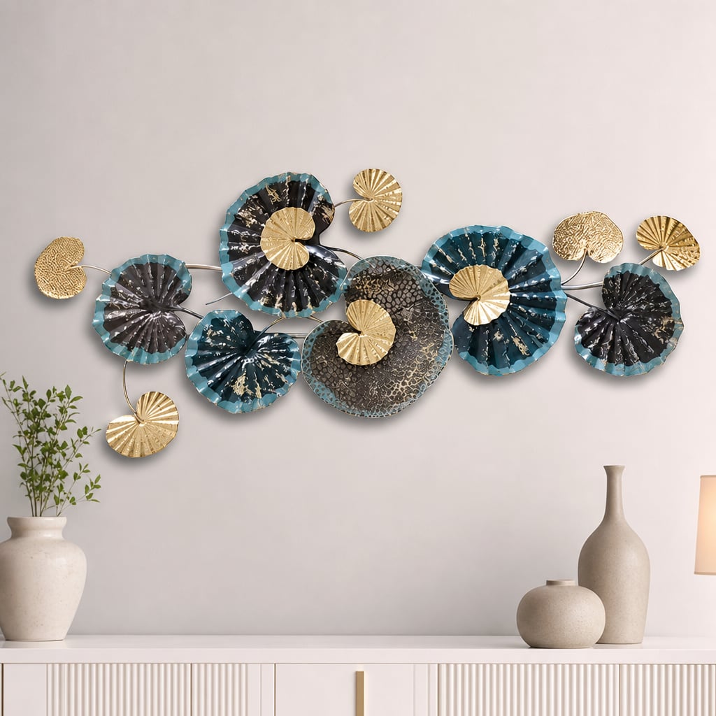 Decoratiune Metalica de Perete LuxCanva® Ocean Flowers A2412, din Metal, Albastru, Orizontala, Auriu, Argintiu, Dimensiune Mare 140 x 60 cm