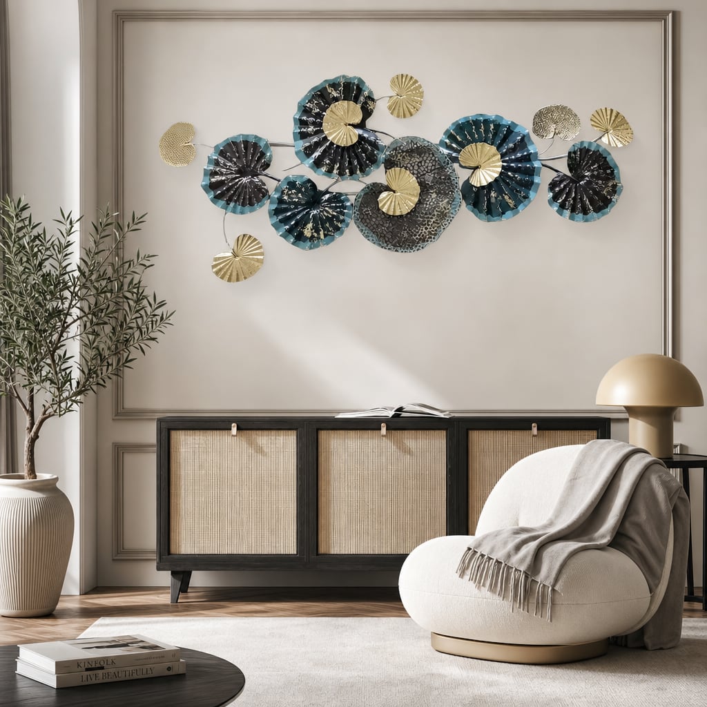 Decoratiune Metalica de Perete LuxCanva® Ocean Flowers A2412, din Metal, Albastru, Orizontala, Auriu, Argintiu, Dimensiune Mare 140 x 60 cm
