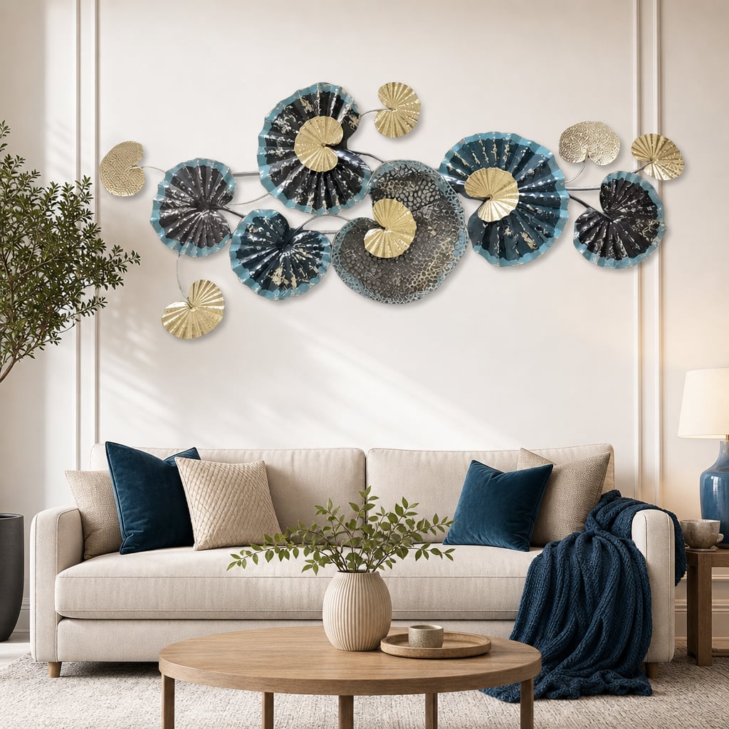 Decoratiune Metalica de Perete LuxCanva® Ocean Flowers A2412, din Metal, Albastru, Orizontala, Auriu, Argintiu, Dimensiune Mare 140 x 60 cm