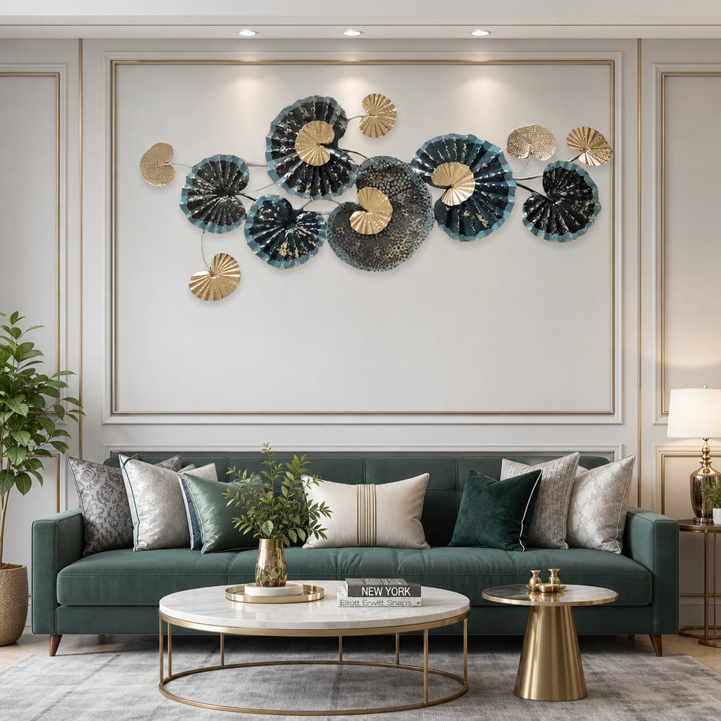 Decoratiune Metalica de Perete LuxCanva® Ocean Flowers A2412, din Metal, Albastru, Orizontala, Auriu, Argintiu, Dimensiune Mare 140 x 60 cm