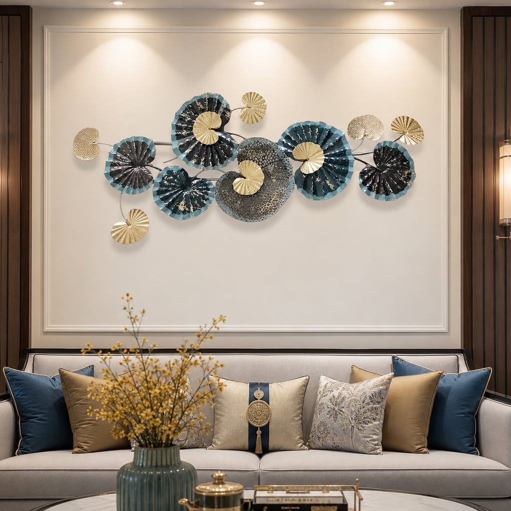 Decoratiune Metalica de Perete LuxCanva® Ocean Flowers A2412, din Metal, Albastru, Orizontala, Auriu, Argintiu, Dimensiune Mare 140 x 60 cm