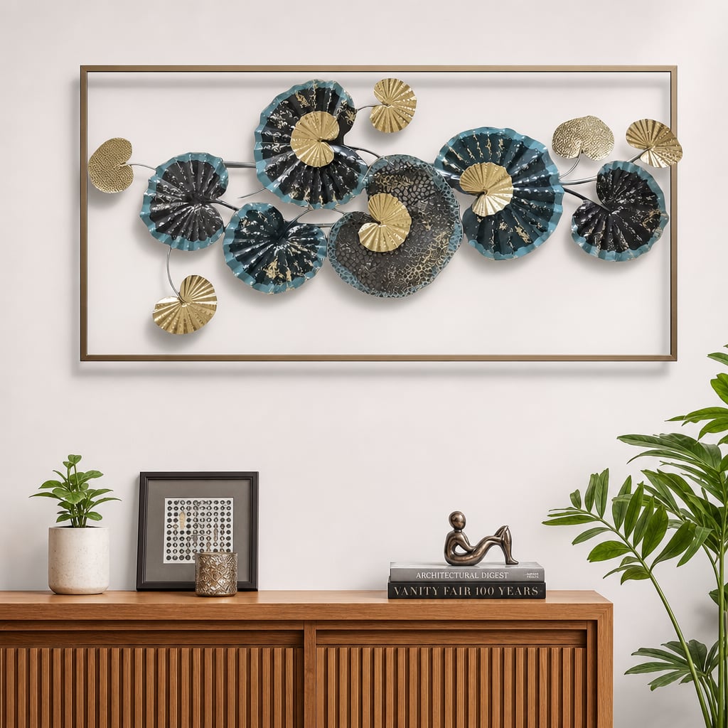 Decoratiune Metalica de Perete LuxCanva® Ocean Flowers A2412, din Metal, Albastru, Orizontala, Auriu, Argintiu, Dimensiune Mare 140 x 60 cm