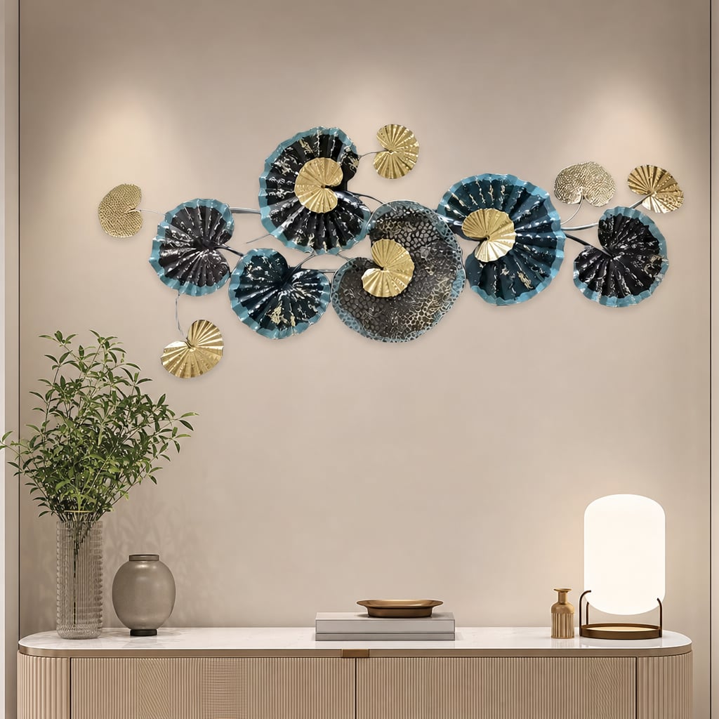 Decoratiune Metalica de Perete LuxCanva® Ocean Flowers A2412, din Metal, Albastru, Orizontala, Auriu, Argintiu, Dimensiune Mare 140 x 60 cm