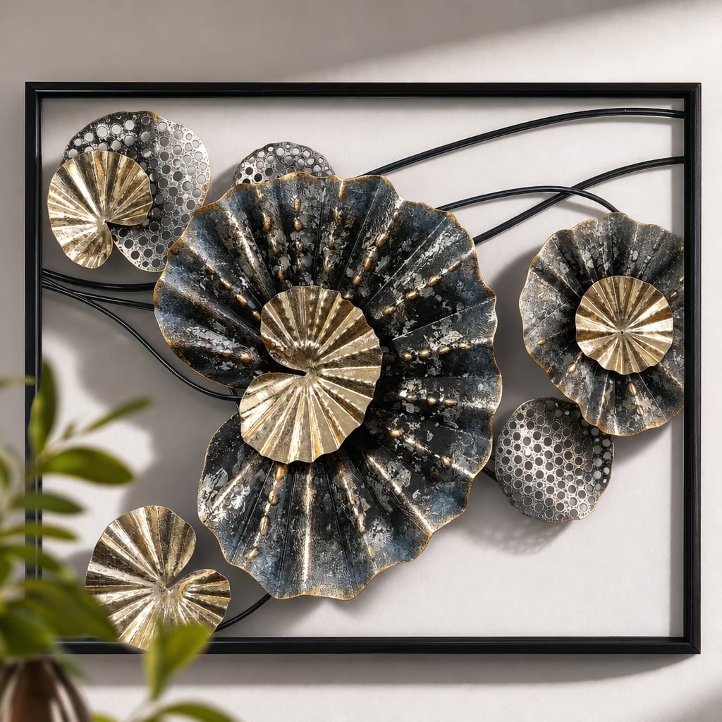 Decoratiune Metalica de Perete LuxCanva® Ocean Flowers A2412, din Metal, Albastru, Orizontala, Auriu, Argintiu, Dimensiune Mare 140 x 60 cm