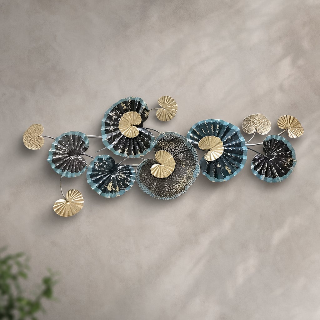 Decoratiune Metalica de Perete LuxCanva® Ocean Flowers A2412, din Metal, Albastru, Orizontala, Auriu, Argintiu, Dimensiune Mare 140 x 60 cm