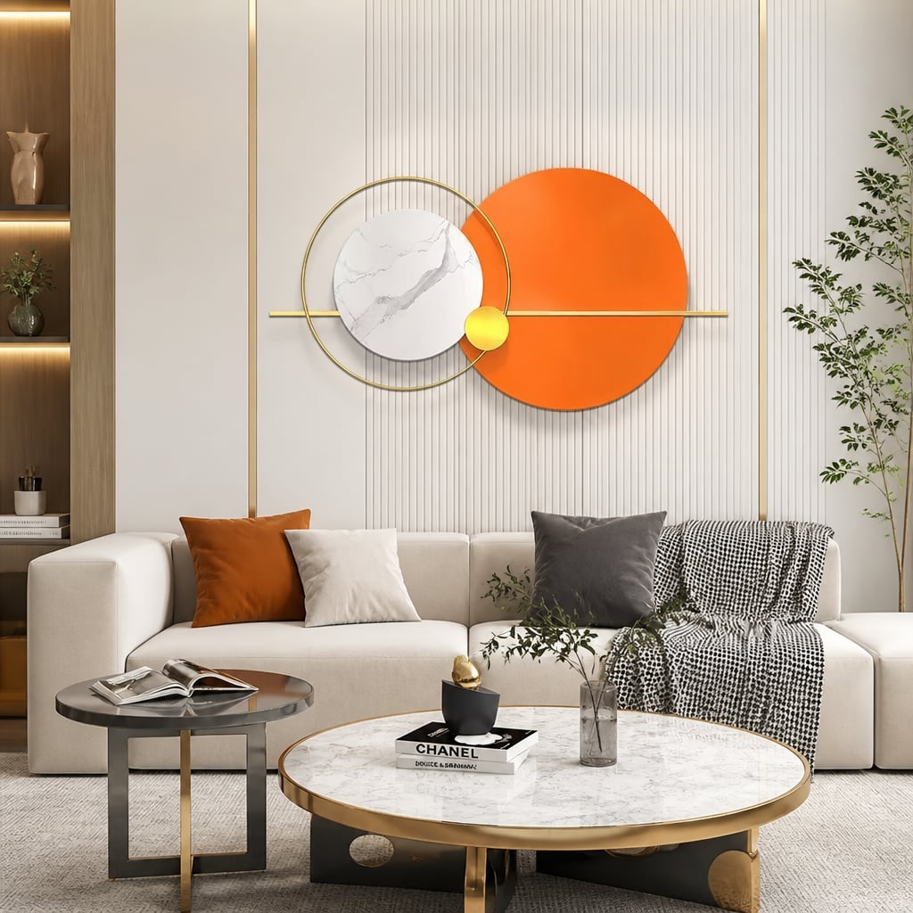 Decoratiune Metalica de Perete LuxCanva® Solar Harmony A2259, din Metal, Orizontala, Portocaliu, Alb, Auriu, Dimensiune Mare 110 x 60 cm