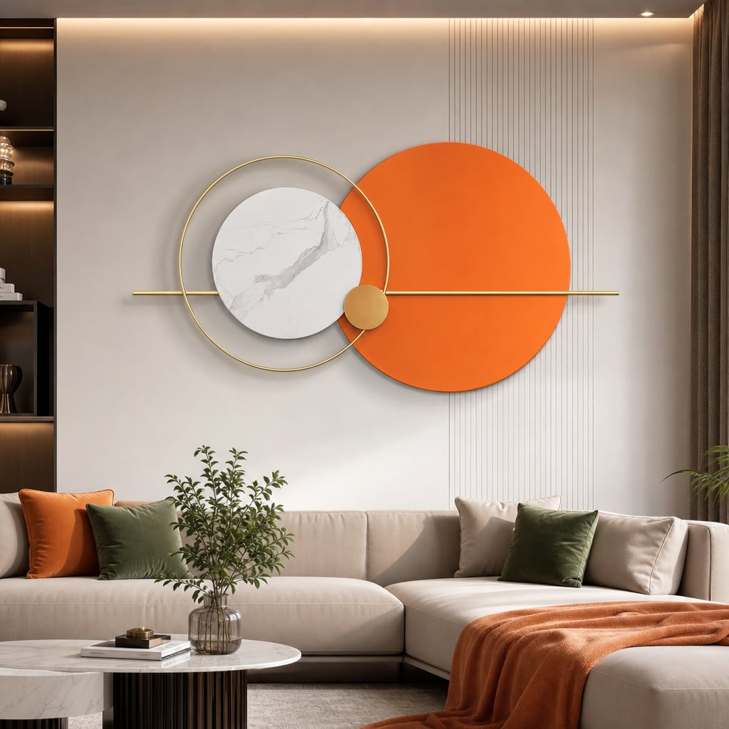 Decoratiune Metalica de Perete LuxCanva® Solar Harmony A2259, din Metal, Orizontala, Portocaliu, Alb, Auriu, Dimensiune Mare 110 x 60 cm