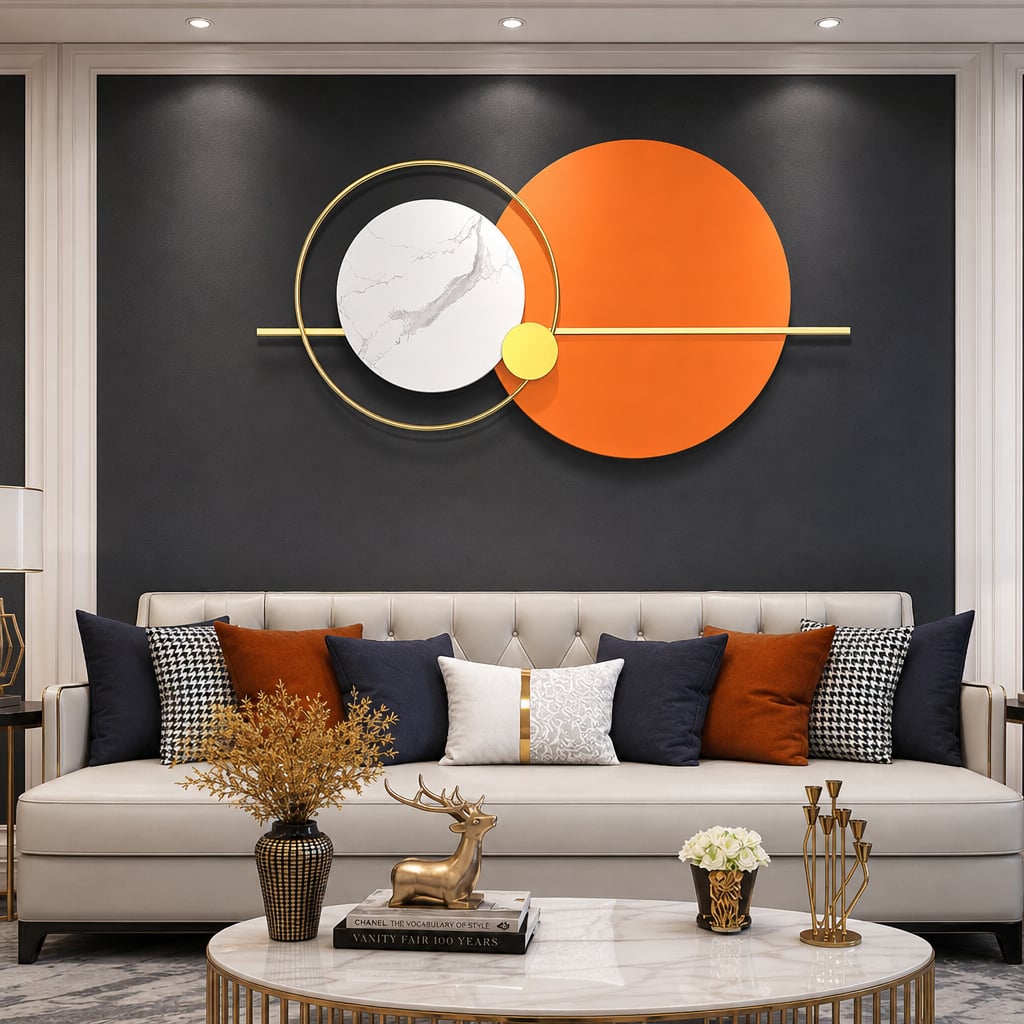 Decoratiune Metalica de Perete LuxCanva® Solar Harmony A2259, din Metal, Orizontala, Portocaliu, Alb, Auriu, Dimensiune Mare 110 x 60 cm