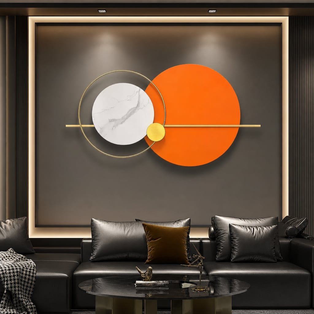 Decoratiune Metalica de Perete LuxCanva® Solar Harmony A2259, din Metal, Orizontala, Portocaliu, Alb, Auriu, Dimensiune Mare 110 x 60 cm