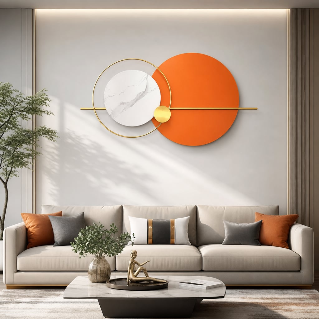 Decoratiune Metalica de Perete LuxCanva® Solar Harmony A2259, din Metal, Orizontala, Portocaliu, Alb, Auriu, Dimensiune Mare 110 x 60 cm
