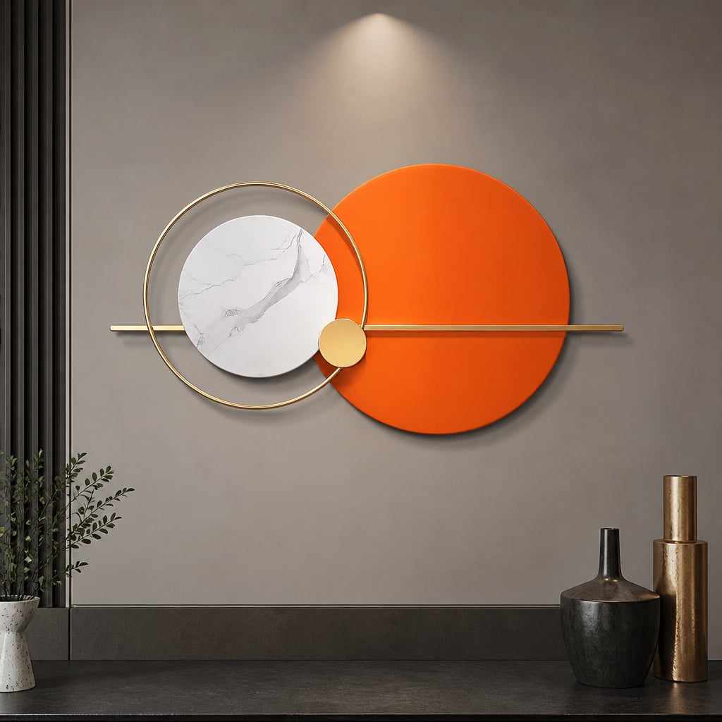Decoratiune Metalica de Perete LuxCanva® Solar Harmony A2259, din Metal, Orizontala, Portocaliu, Alb, Auriu, Dimensiune Mare 110 x 60 cm