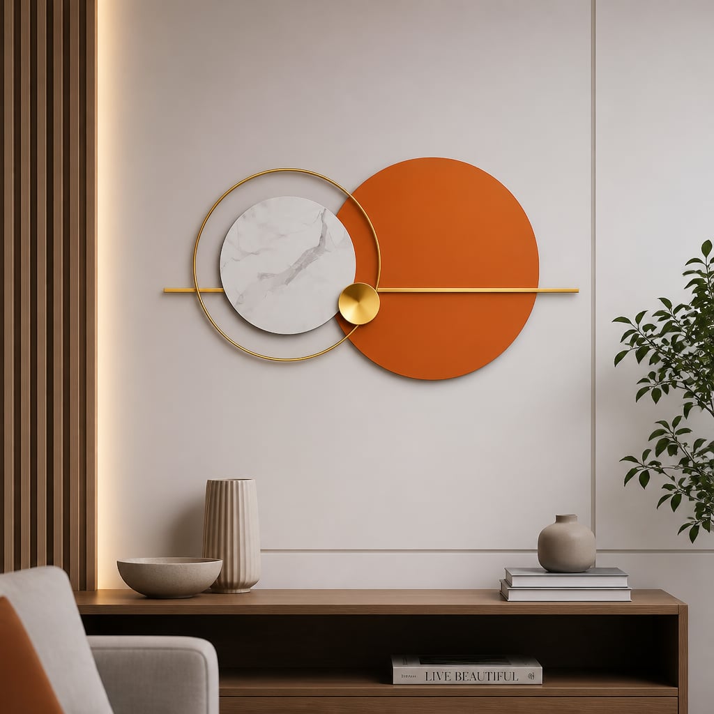 Decoratiune Metalica de Perete LuxCanva® Solar Harmony A2259, din Metal, Orizontala, Portocaliu, Alb, Auriu, Dimensiune Mare 110 x 60 cm
