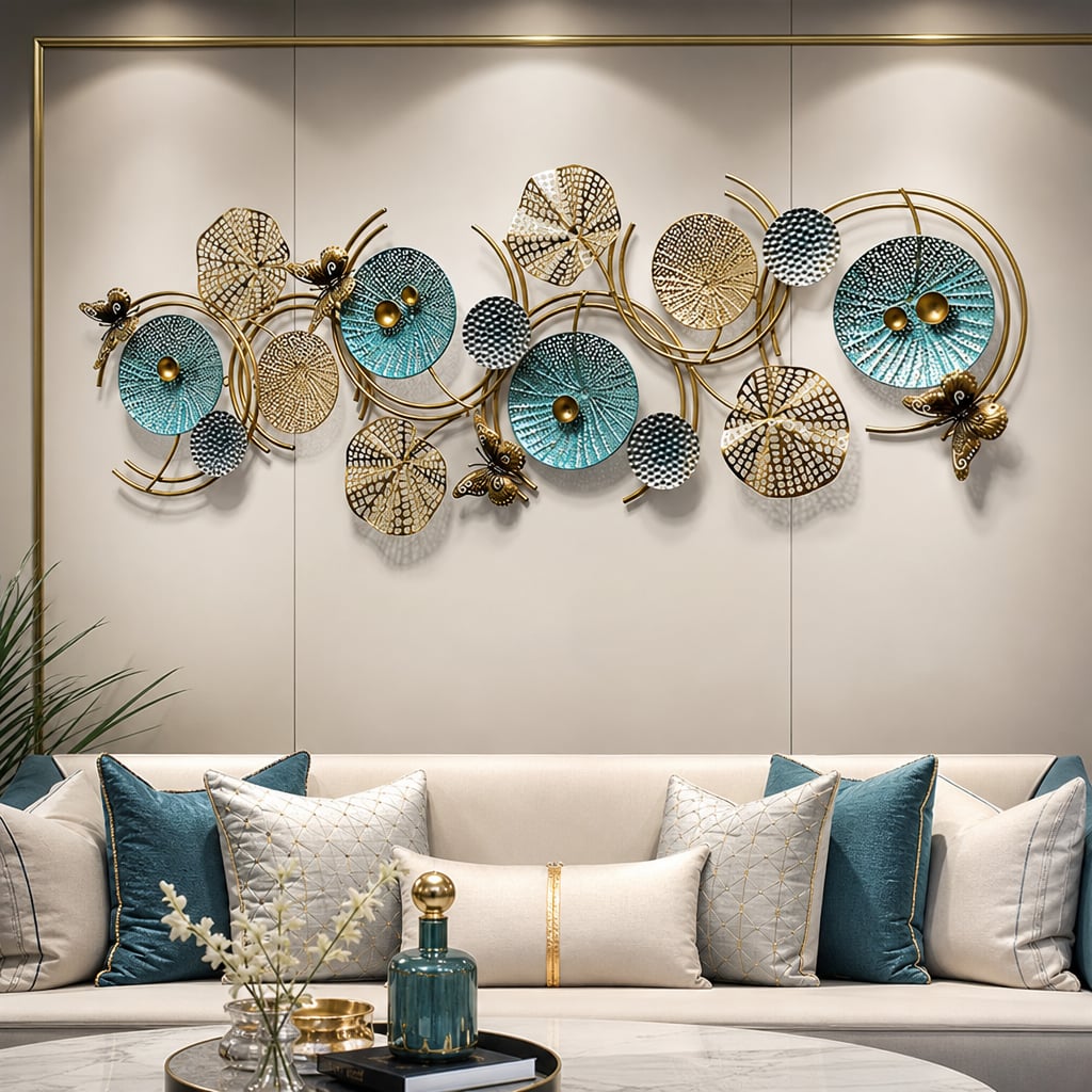 Decoratiune Metalica de Perete LuxCanva® Azure Symphony A2137, din Metal, Orizontala, Albastru, Auriu, Dimensiune Mare 120 x 47 cm