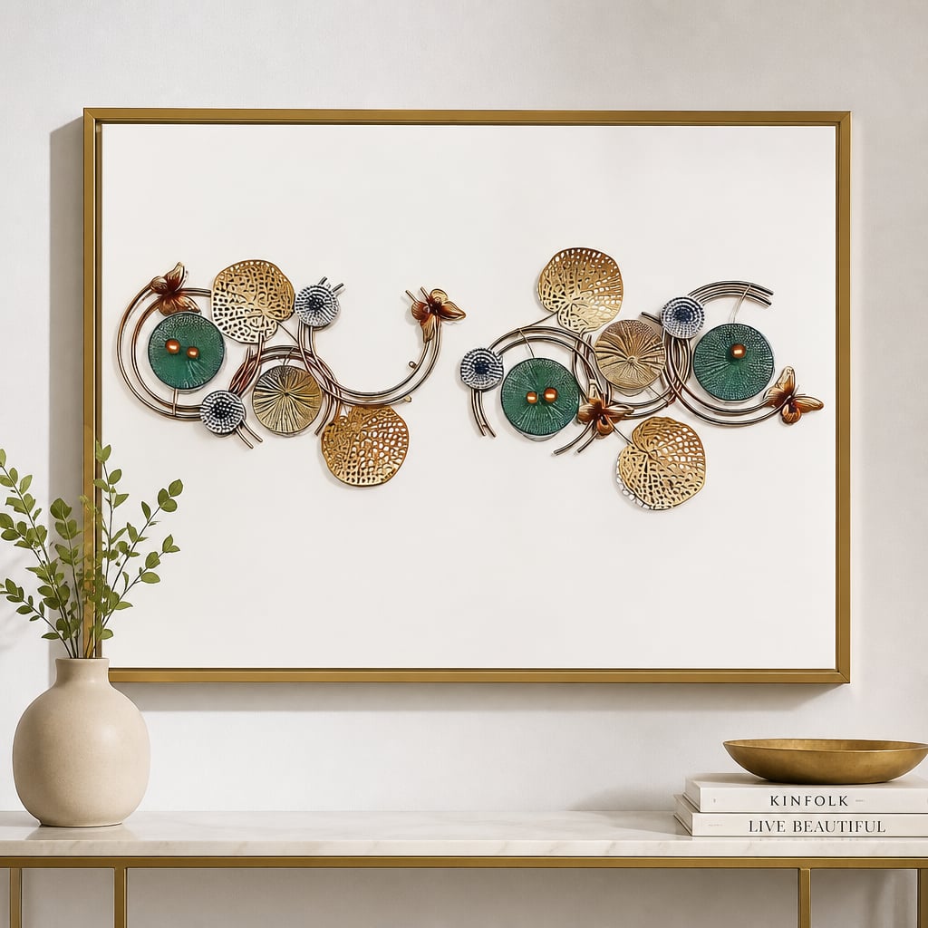 Decoratiune Metalica de Perete LuxCanva® Azure Symphony A2137, din Metal, Orizontala, Albastru, Auriu, Dimensiune Mare 120 x 47 cm