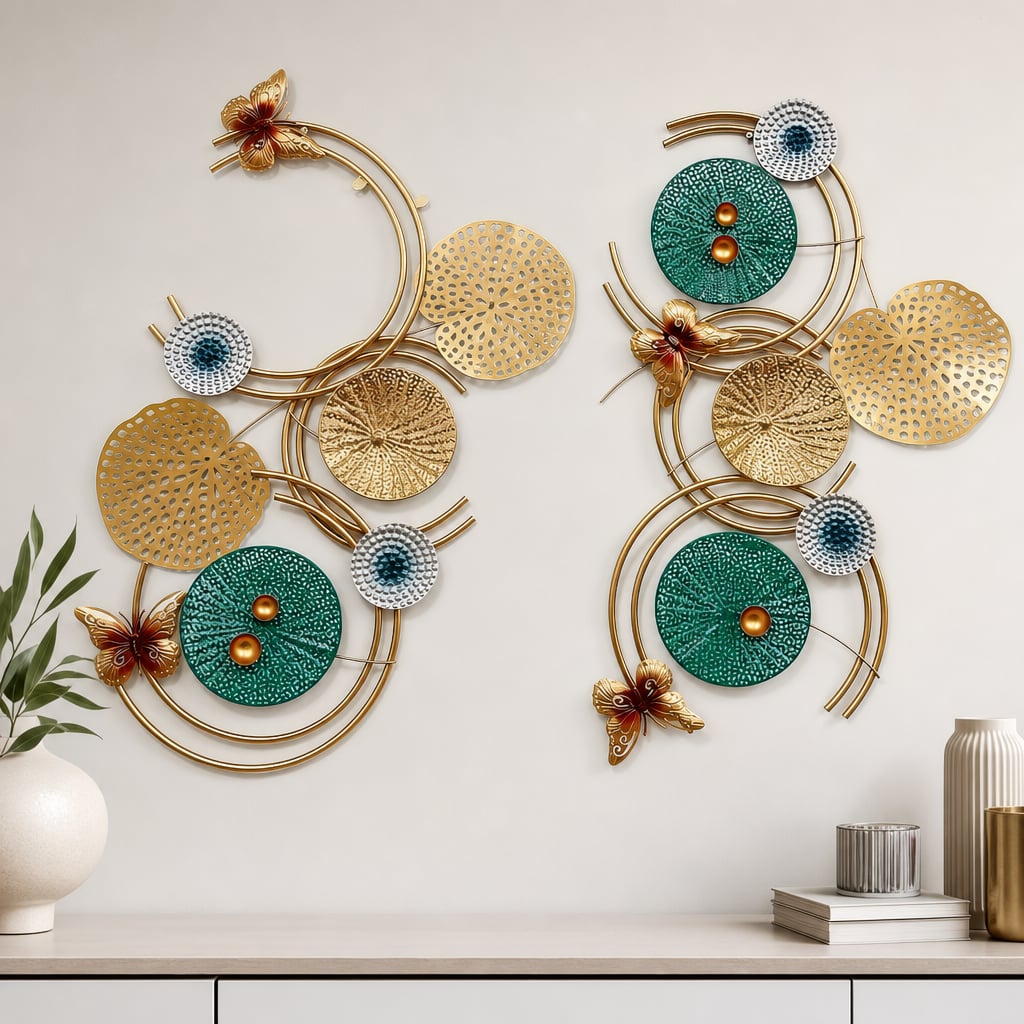 Decoratiune Metalica de Perete LuxCanva® Azure Symphony A2137, din Metal, Orizontala, Albastru, Auriu, Dimensiune Mare 120 x 47 cm