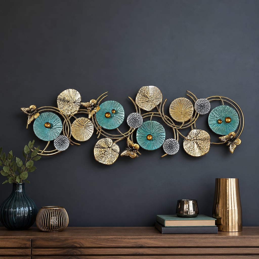 Decoratiune Metalica de Perete LuxCanva® Azure Symphony A2137, din Metal, Orizontala, Albastru, Auriu, Dimensiune Mare 120 x 47 cm