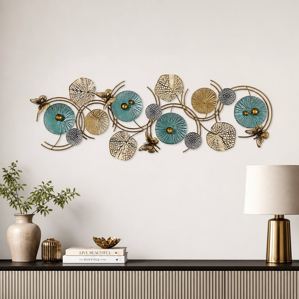 Decoratiune Metalica de Perete LuxCanva® Azure Symphony A2137, din Metal, Orizontala, Albastru, Auriu, Dimensiune Mare 120 x 47 cm