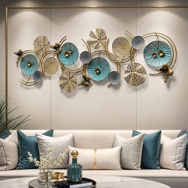 Metall Wanddekoration LuxCanva® Azure Symphony A2137, aus Metall, Horizontal, Blau, Gold, Großformat 120 x 47 cm