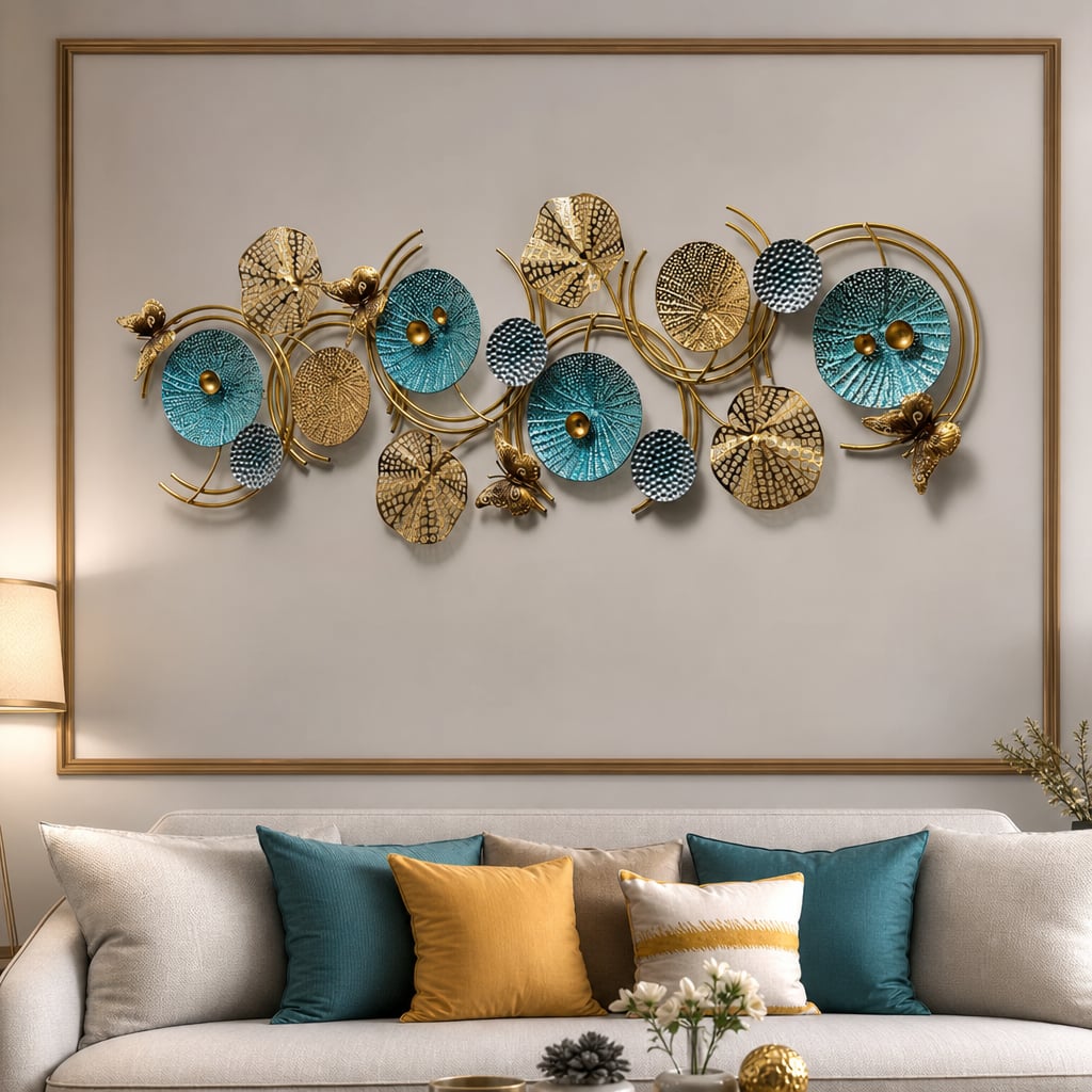 Decoratiune Metalica de Perete LuxCanva® Azure Symphony A2137, din Metal, Orizontala, Albastru, Auriu, Dimensiune Mare 120 x 47 cm