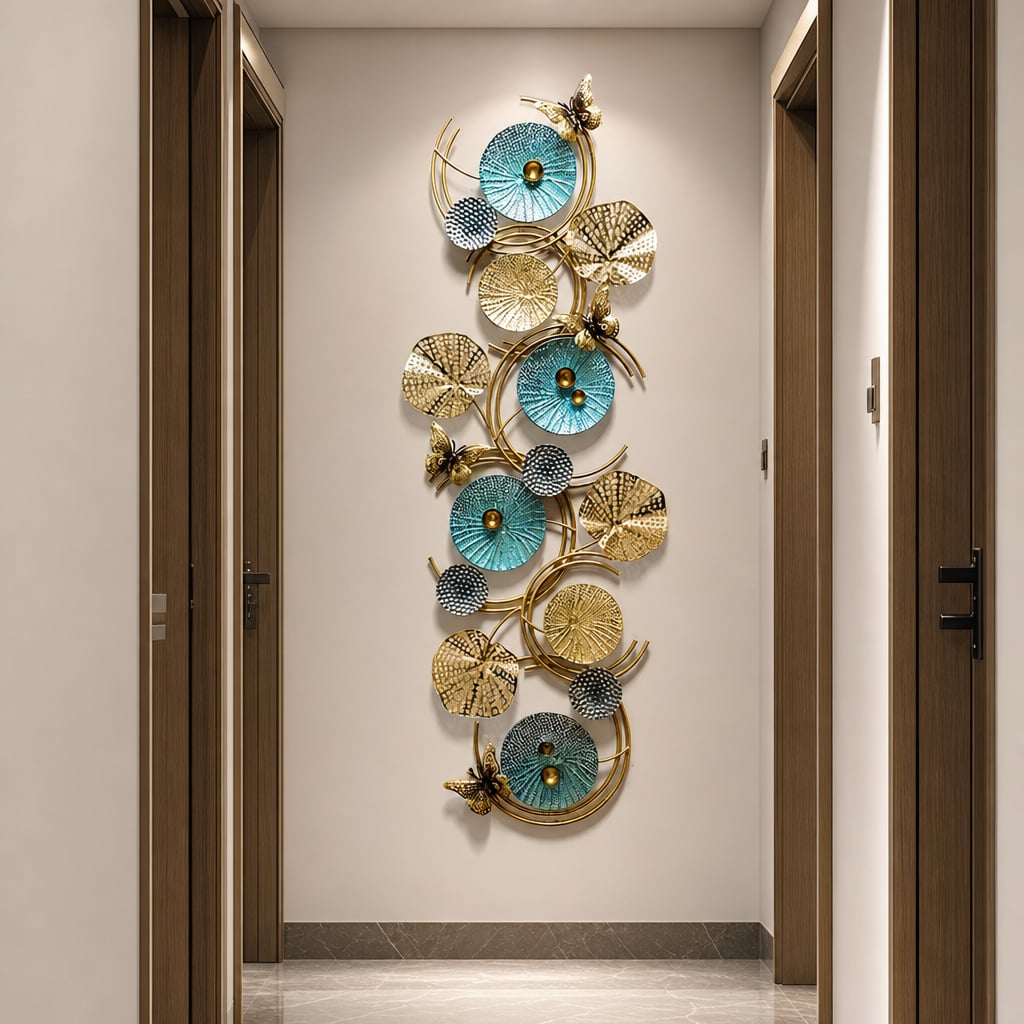 Decoratiune Metalica de Perete LuxCanva® Azure Symphony A2137, din Metal, Orizontala, Albastru, Auriu, Dimensiune Mare 120 x 47 cm
