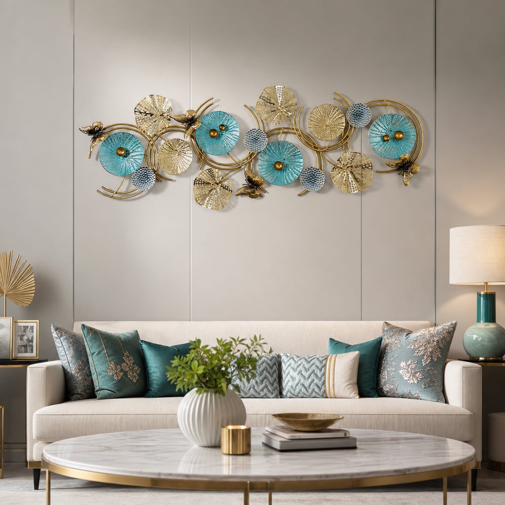 Decoratiune Metalica de Perete LuxCanva® Azure Symphony A2137, din Metal, Orizontala, Albastru, Auriu, Dimensiune Mare 120 x 47 cm