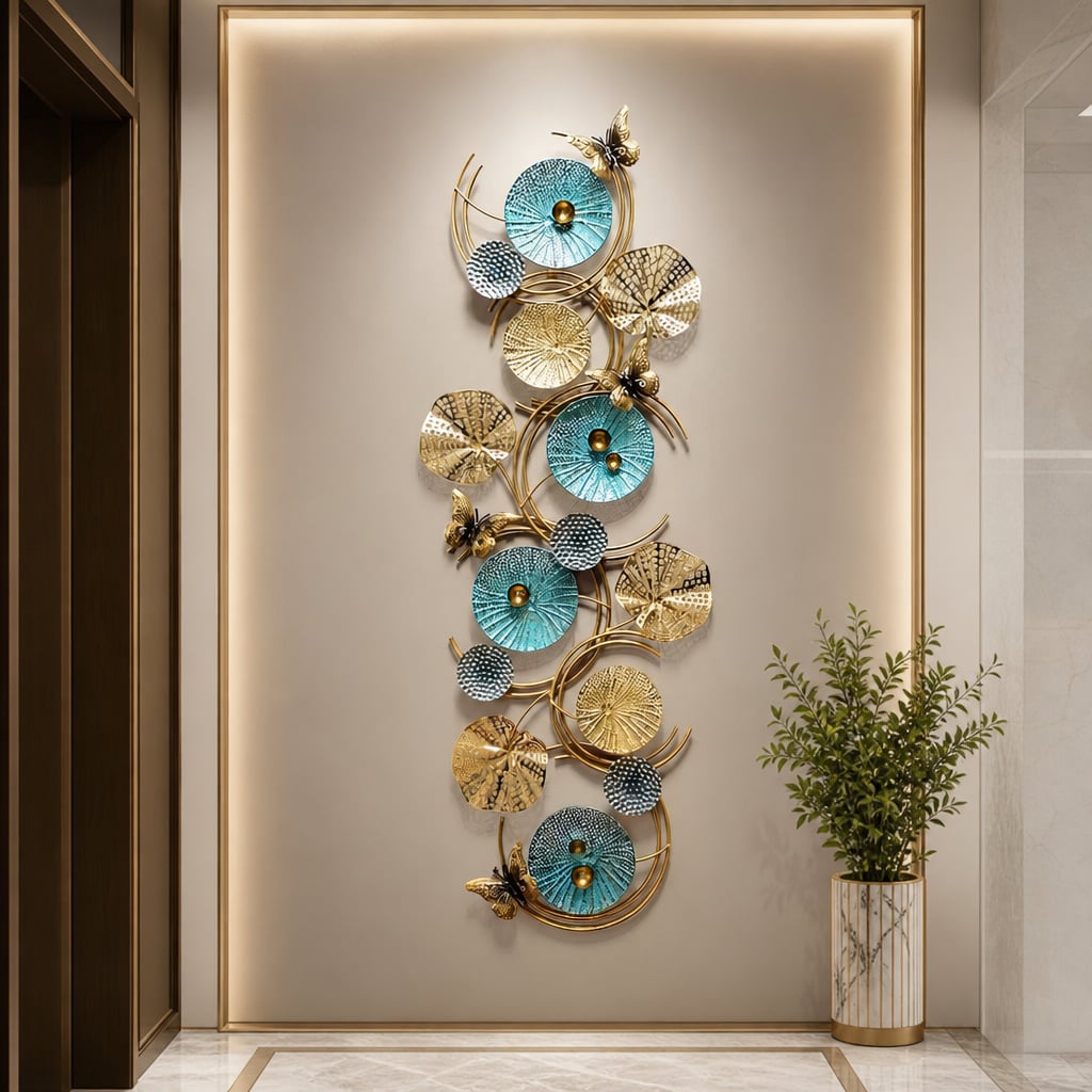 Decoratiune Metalica de Perete LuxCanva® Azure Symphony A2137, din Metal, Orizontala, Albastru, Auriu, Dimensiune Mare 120 x 47 cm