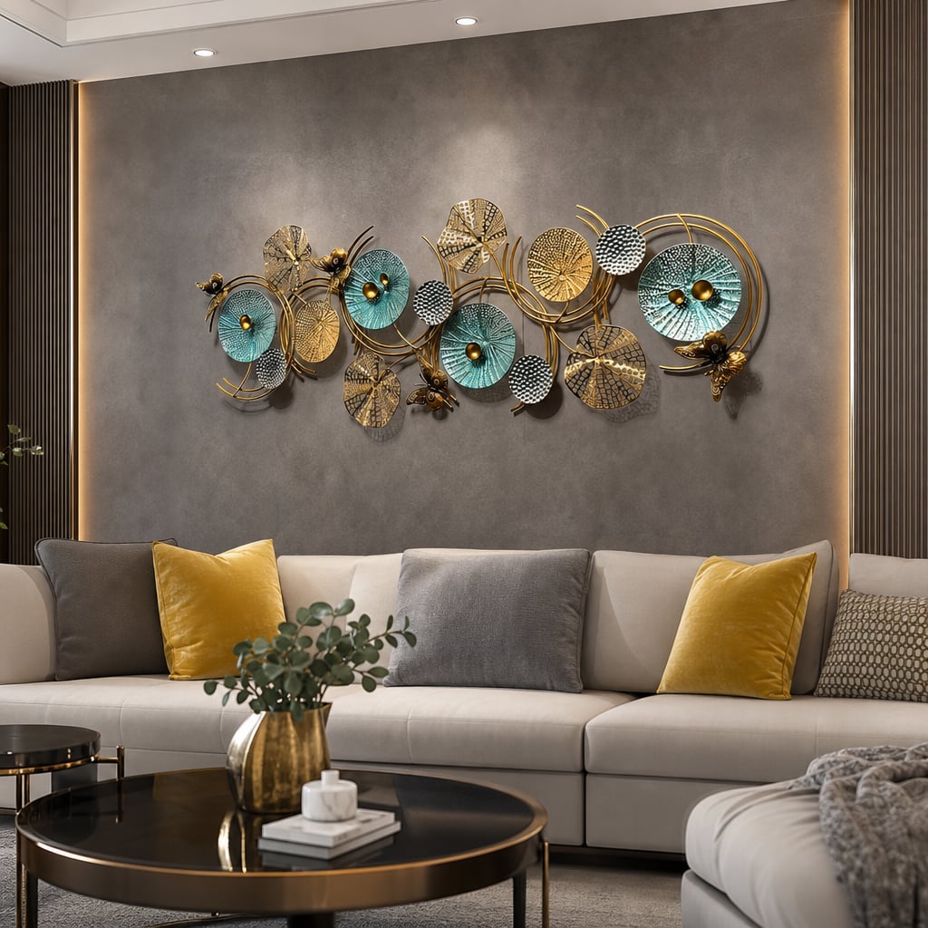 Decoratiune Metalica de Perete LuxCanva® Azure Symphony A2137, din Metal, Orizontala, Albastru, Auriu, Dimensiune Mare 120 x 47 cm
