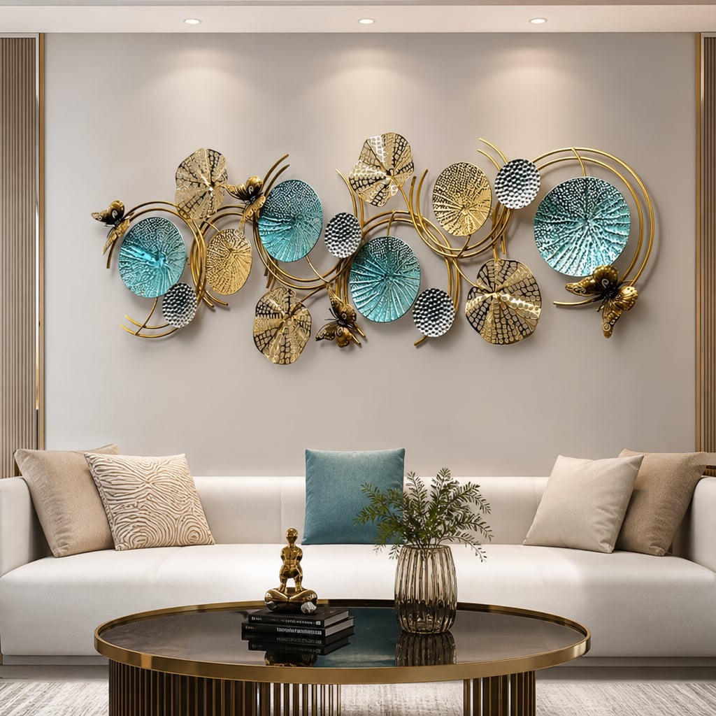 Decoratiune Metalica de Perete LuxCanva® Ocean Harmony A2136L, din Metal, Orizontala, Auriu, Turcoaz, Gri, Dimensiune Mare 157 x 57 cm