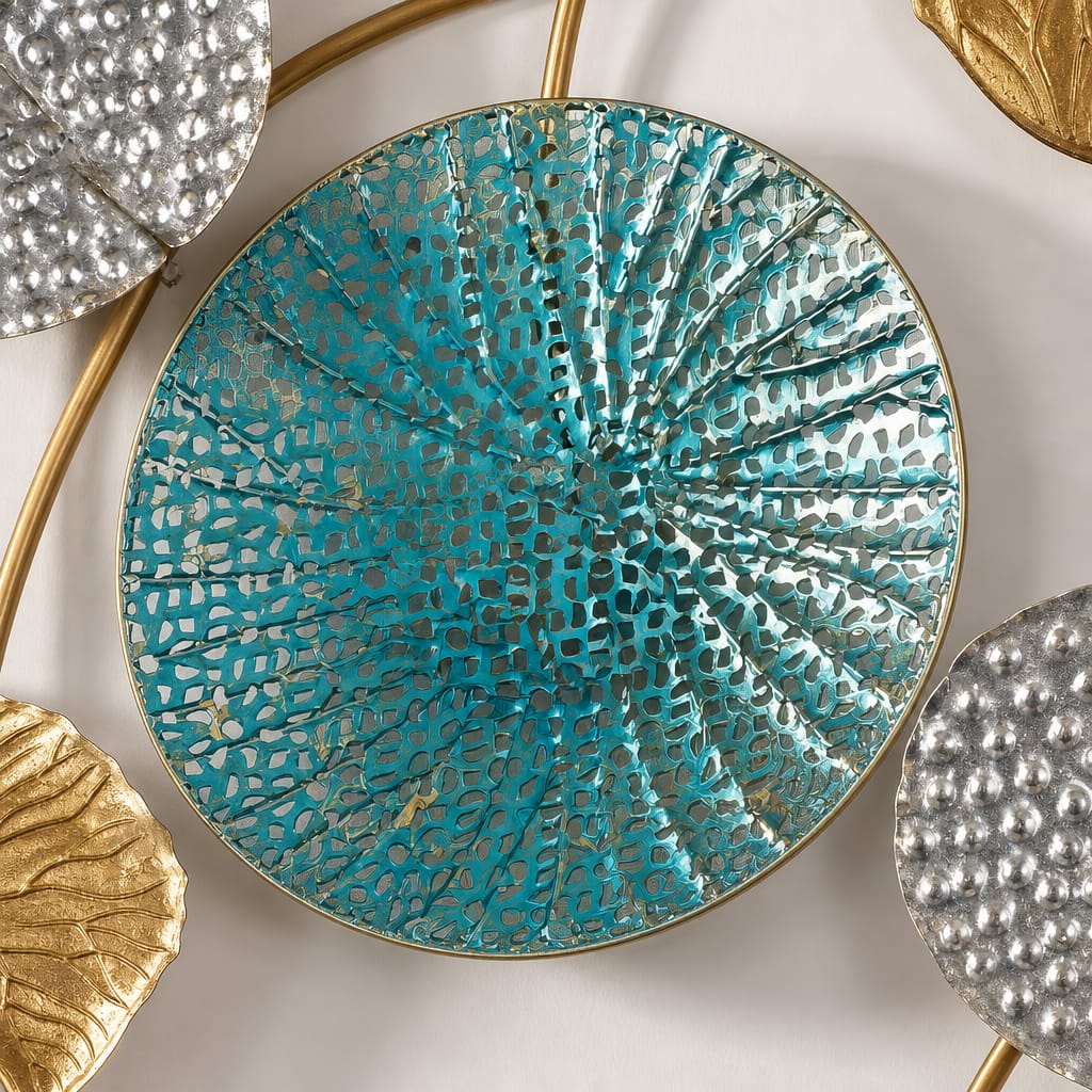 Decoratiune Metalica de Perete LuxCanva® Ocean Harmony A2136L, din Metal, Orizontala, Auriu, Turcoaz, Gri, Dimensiune Mare 157 x 57 cm