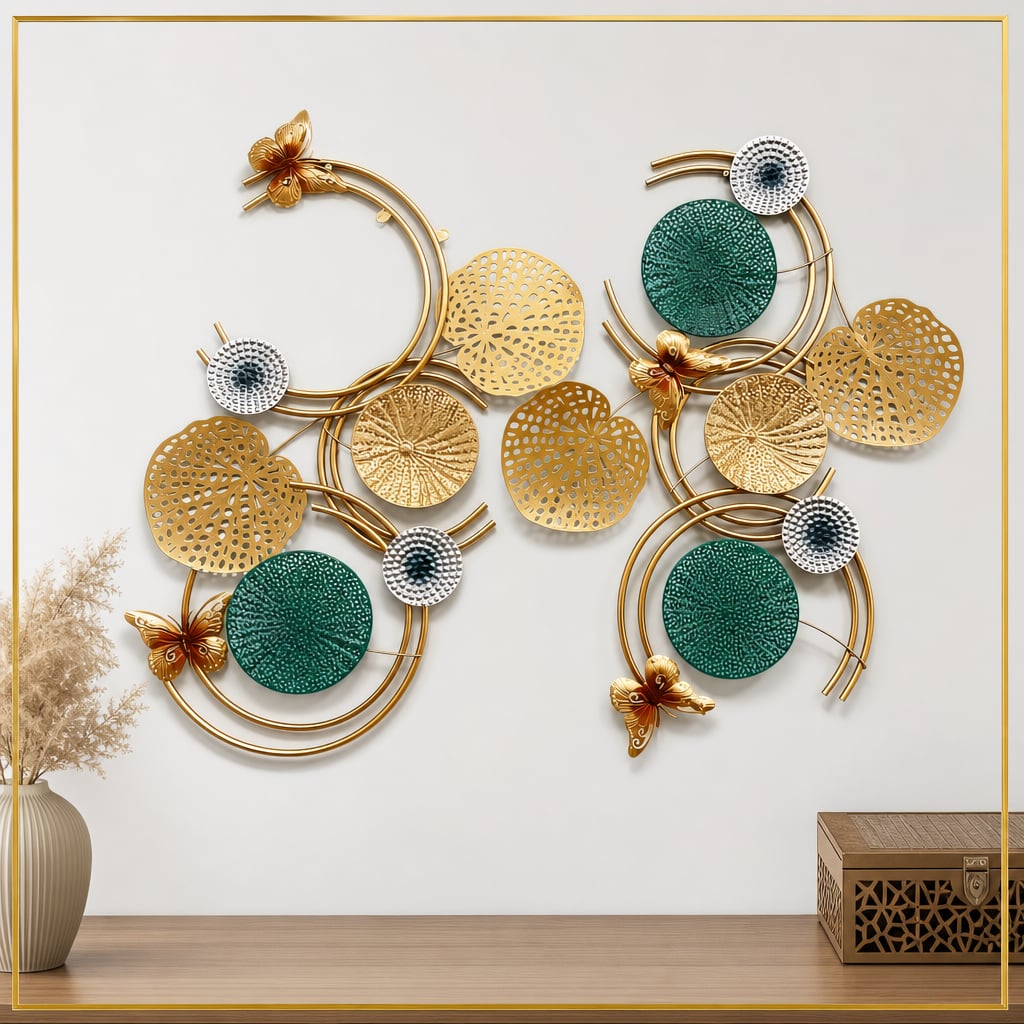 Decoratiune Metalica de Perete LuxCanva® Ocean Harmony A2136L, din Metal, Orizontala, Auriu, Turcoaz, Gri, Dimensiune Mare 157 x 57 cm